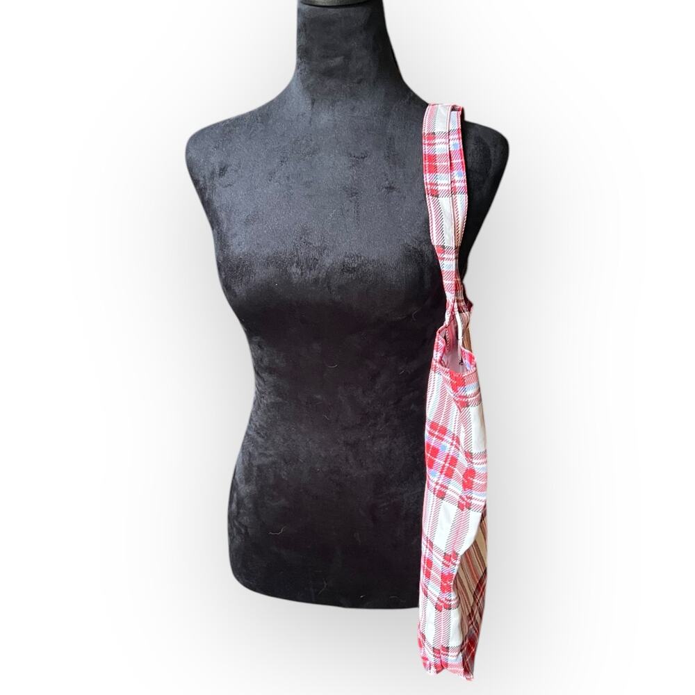 J. Crew RE-IMAGINED Red, White, & Light Blue Plaid 100% Cotton Tote Bag One Size - Picture 4 of 10